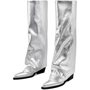 Women Silver Wide Calf Slouchy Shark Pointed Toe  Fold Over Knee High Tall Boots